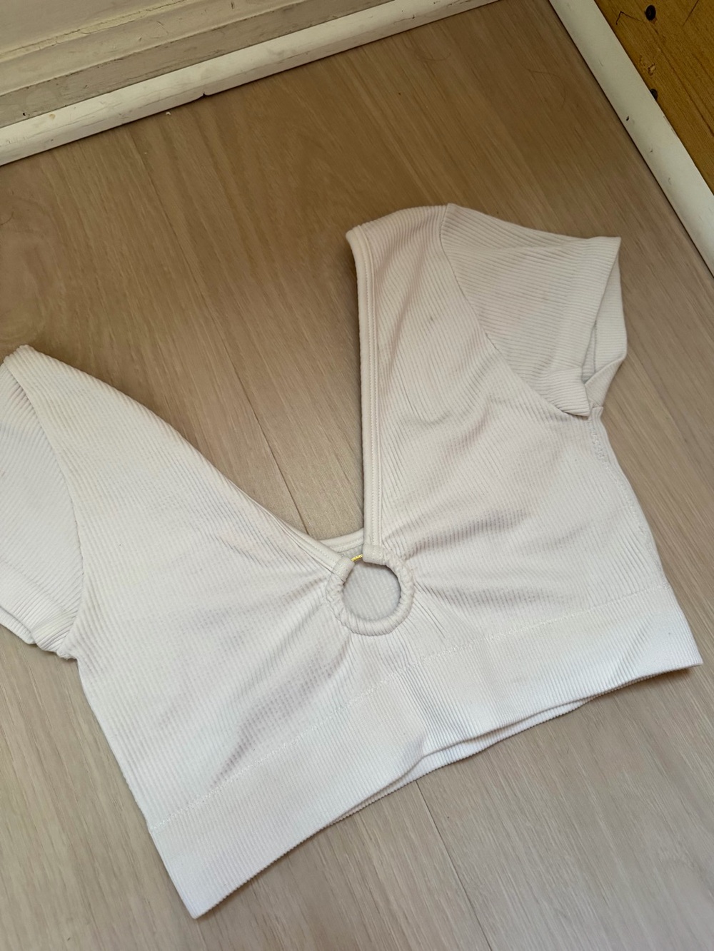 aerie Cream Ribbed V-Neck Crop Top with Ring Detail